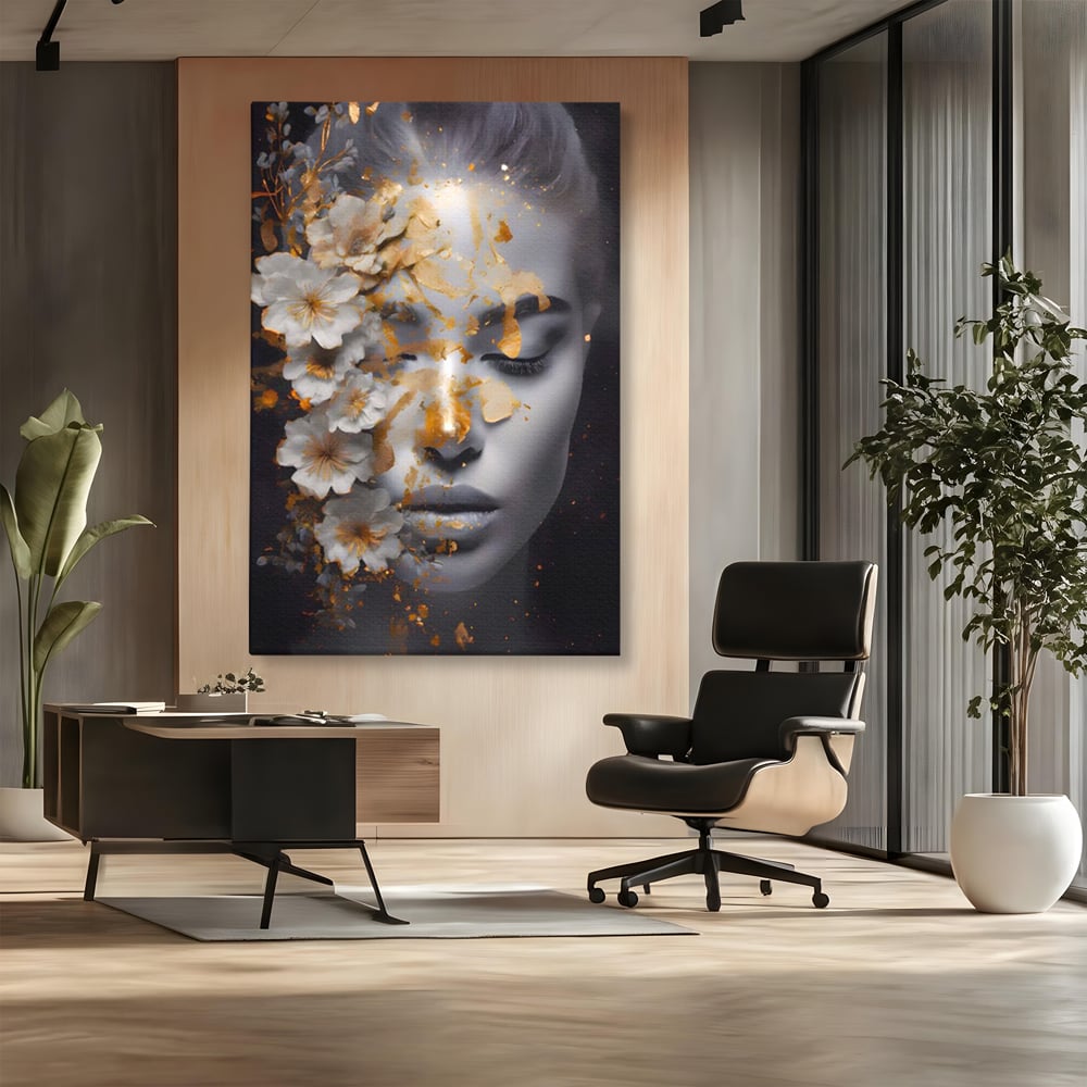 Tablou Canvas Premium LuxCanva® A1428, Face With Flowers , Dormitor, Femeie, Flori, Auriu, Decorativ, Living, Culori Vibrante