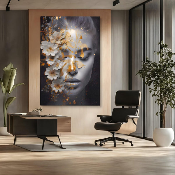 Tablou Canvas Premium LuxCanva® A1428, Face With Flowers , Dormitor, Femeie, Flori, Auriu, Decorativ, Living, Culori Vibrante
