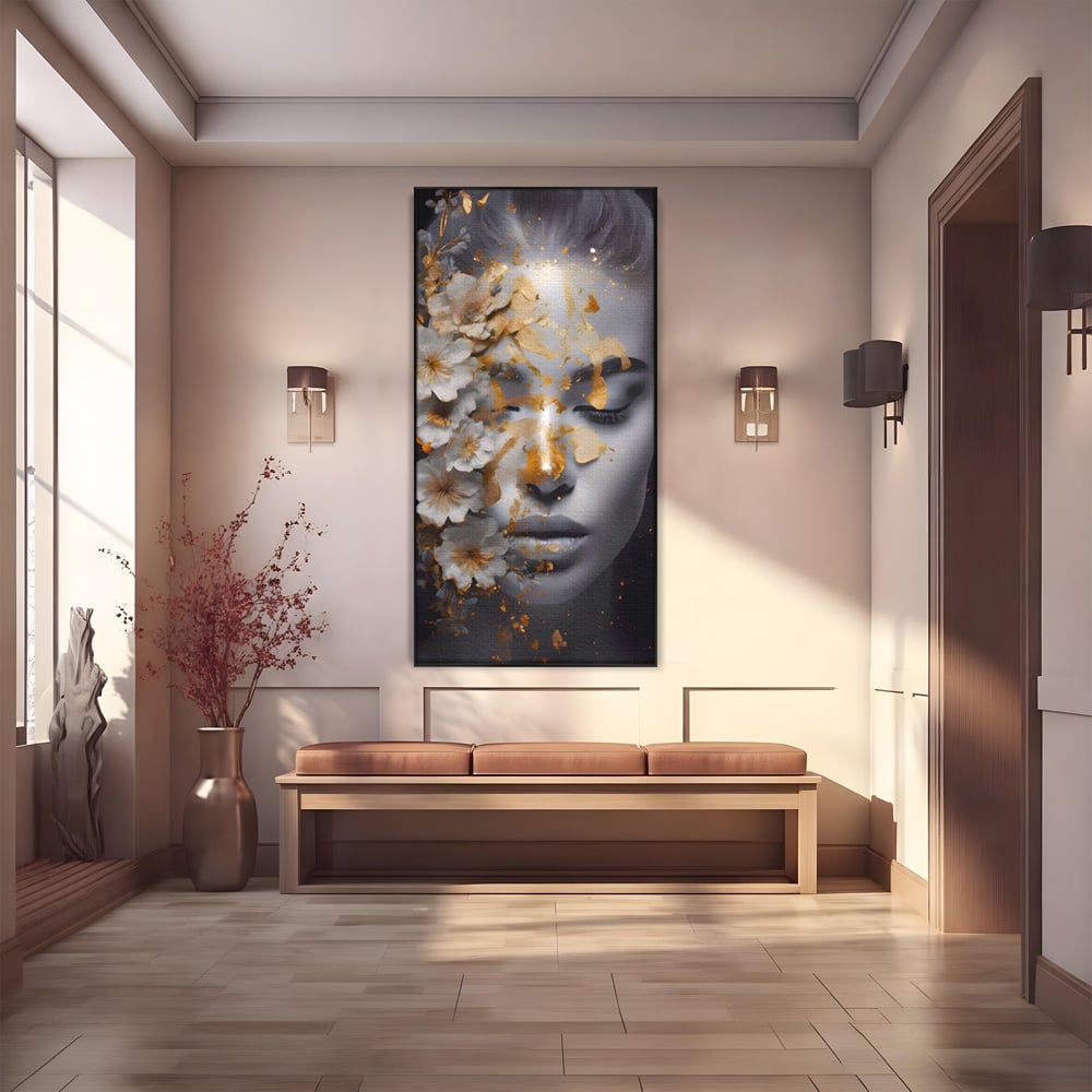 Tablou Canvas Premium LuxCanva® A1428, Face With Flowers , Dormitor, Femeie, Flori, Auriu, Decorativ, Living, Culori Vibrante