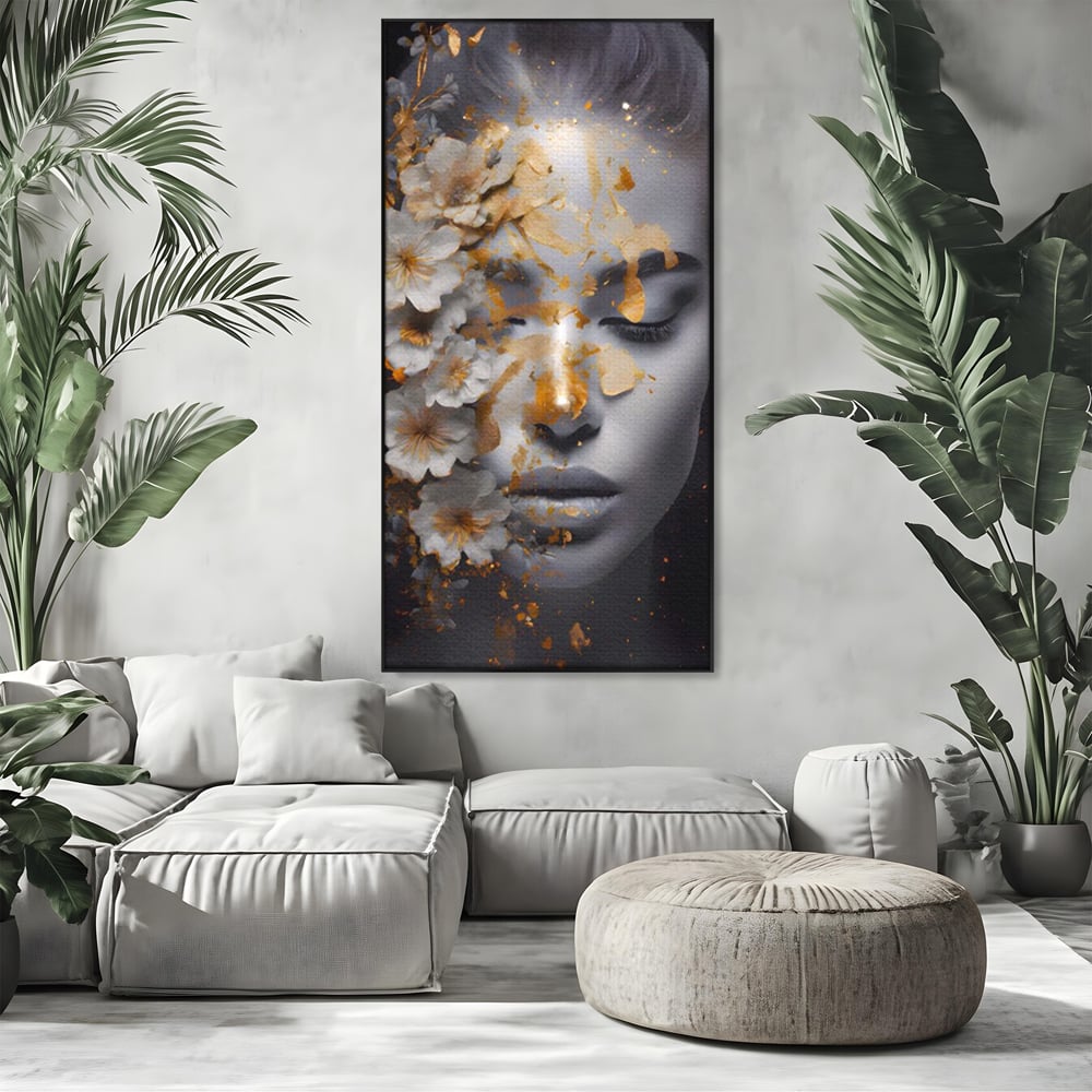Tablou Canvas Premium LuxCanva® A1428, Face With Flowers , Dormitor, Femeie, Flori, Auriu, Decorativ, Living, Culori Vibrante