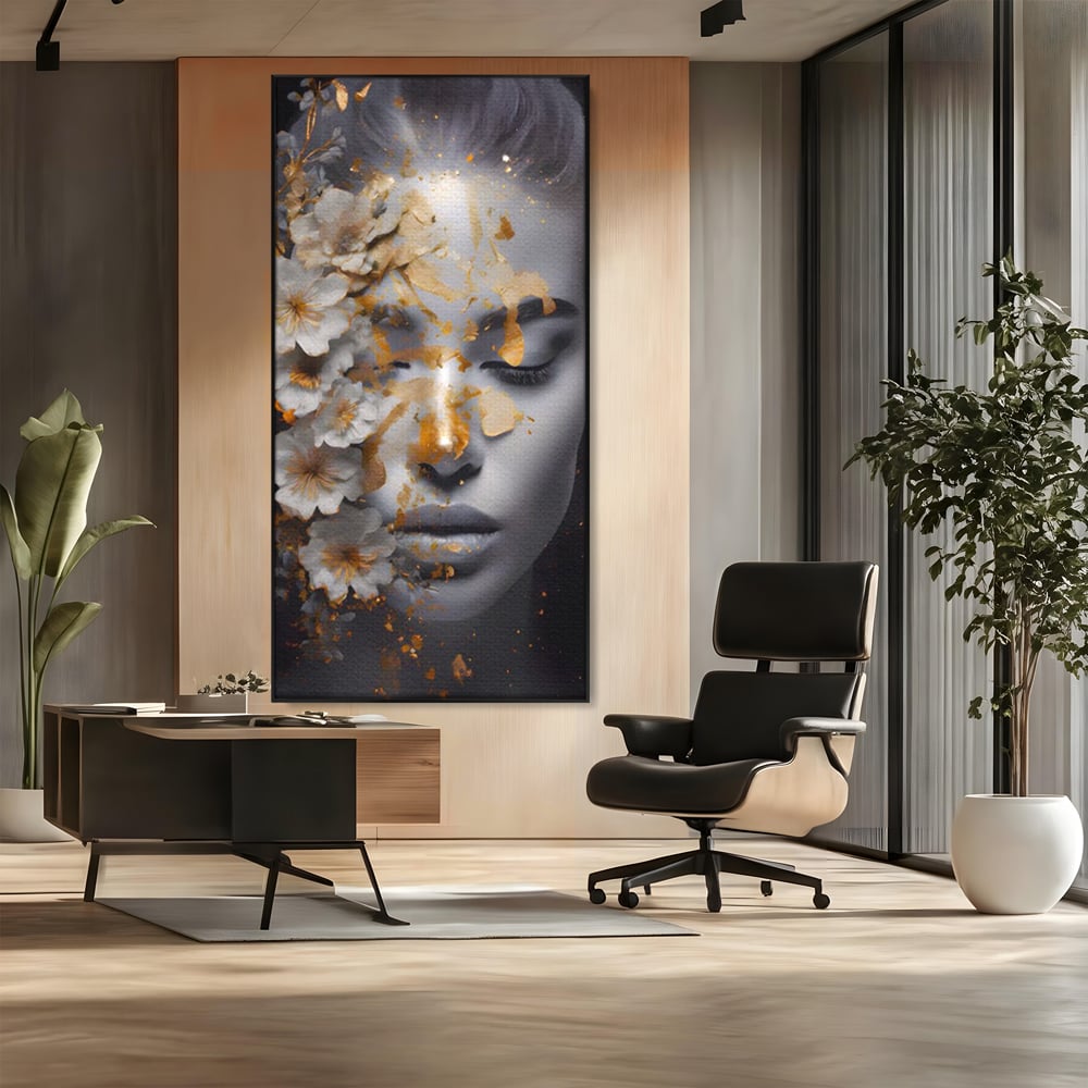 Tablou Canvas Premium LuxCanva® A1428, Face With Flowers , Dormitor, Femeie, Flori, Auriu, Decorativ, Living, Culori Vibrante