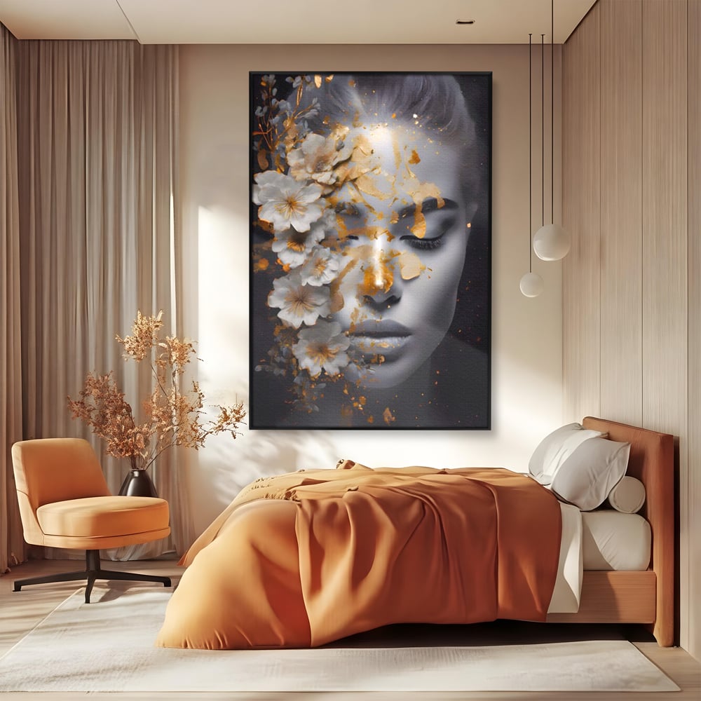 Tablou Canvas Premium LuxCanva® A1428, Face With Flowers , Dormitor, Femeie, Flori, Auriu, Decorativ, Living, Culori Vibrante
