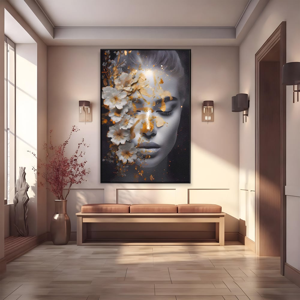 Tablou Canvas Premium LuxCanva® A1428, Face With Flowers , Dormitor, Femeie, Flori, Auriu, Decorativ, Living, Culori Vibrante