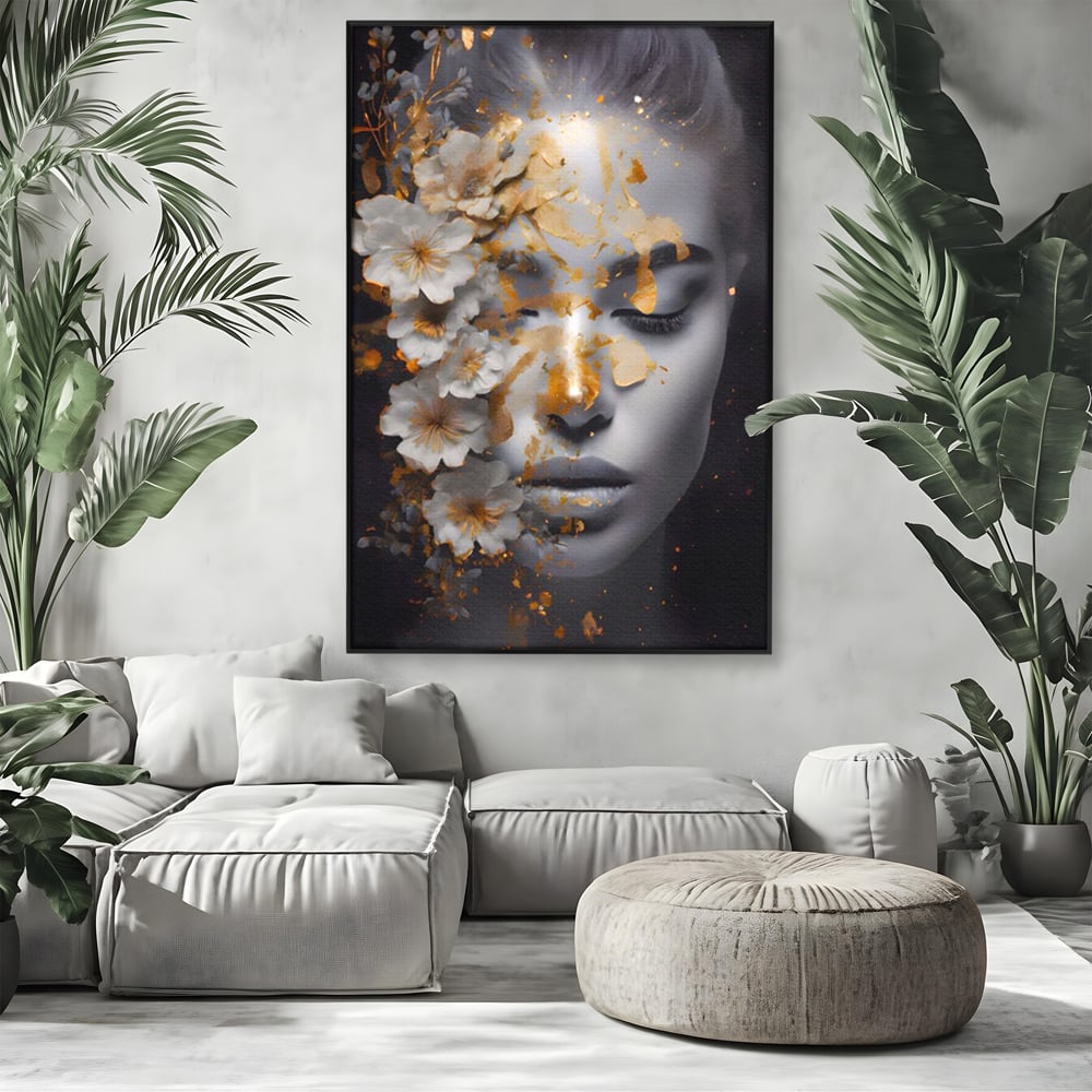 Tablou Canvas Premium LuxCanva® A1428, Face With Flowers , Dormitor, Femeie, Flori, Auriu, Decorativ, Living, Culori Vibrante