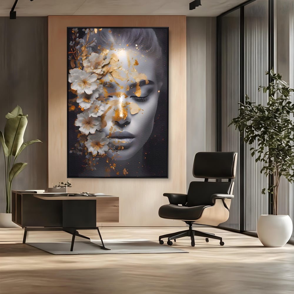Tablou Canvas Premium LuxCanva® A1428, Face With Flowers , Dormitor, Femeie, Flori, Auriu, Decorativ, Living, Culori Vibrante