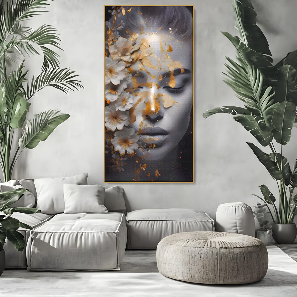 Tablou Canvas Premium LuxCanva® A1428, Face With Flowers , Dormitor, Femeie, Flori, Auriu, Decorativ, Living, Culori Vibrante