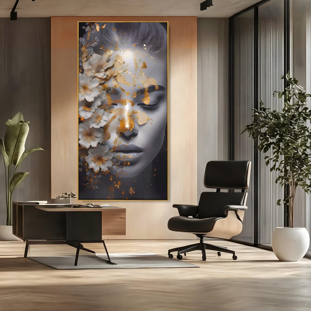 Tablou Canvas Premium LuxCanva® A1428, Face With Flowers , Dormitor, Femeie, Flori, Auriu, Decorativ, Living, Culori Vibrante