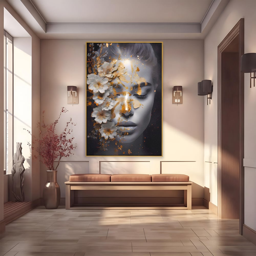 Tablou Canvas Premium LuxCanva® A1428, Face With Flowers , Dormitor, Femeie, Flori, Auriu, Decorativ, Living, Culori Vibrante