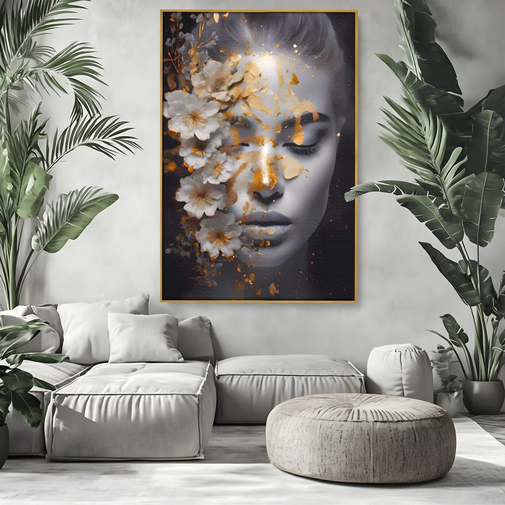 Tablou Canvas Premium LuxCanva® A1428, Face With Flowers , Dormitor, Femeie, Flori, Auriu, Decorativ, Living, Culori Vibrante