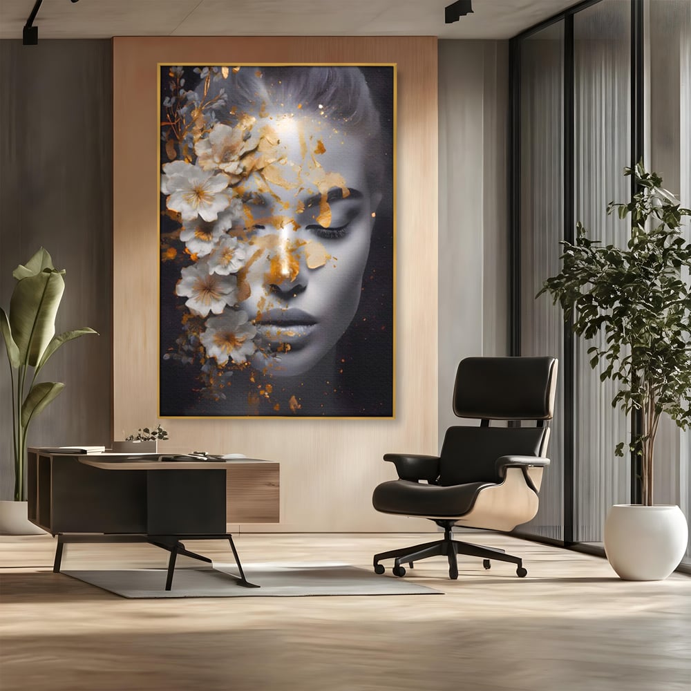 Tablou Canvas Premium LuxCanva® A1428, Face With Flowers , Dormitor, Femeie, Flori, Auriu, Decorativ, Living, Culori Vibrante