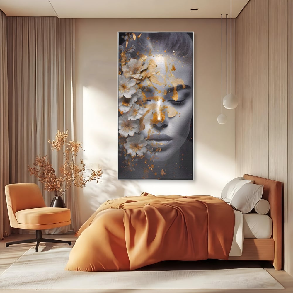 Tablou Canvas Premium LuxCanva® A1428, Face With Flowers , Dormitor, Femeie, Flori, Auriu, Decorativ, Living, Culori Vibrante
