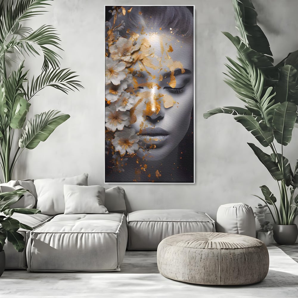 Tablou Canvas Premium LuxCanva® A1428, Face With Flowers , Dormitor, Femeie, Flori, Auriu, Decorativ, Living, Culori Vibrante