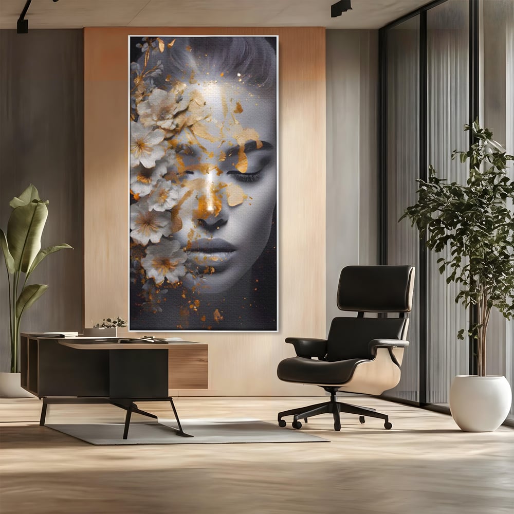 Tablou Canvas Premium LuxCanva® A1428, Face With Flowers , Dormitor, Femeie, Flori, Auriu, Decorativ, Living, Culori Vibrante