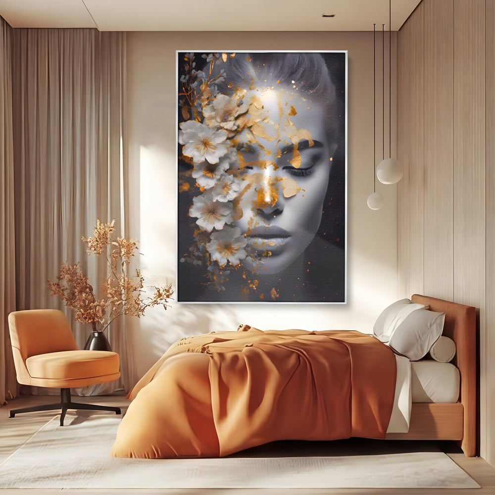 Tablou Canvas Premium LuxCanva® A1428, Face With Flowers , Dormitor, Femeie, Flori, Auriu, Decorativ, Living, Culori Vibrante