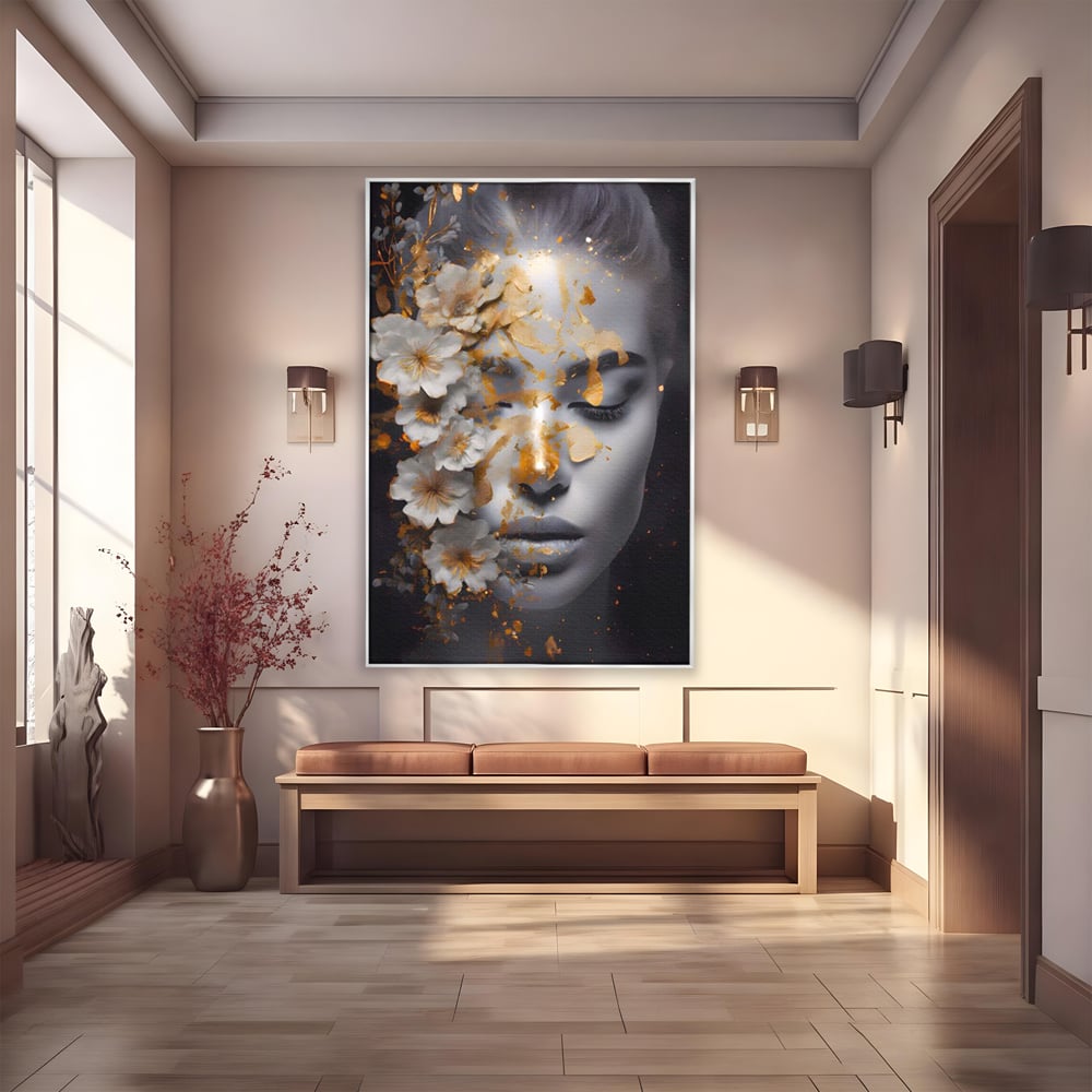 Tablou Canvas Premium LuxCanva® A1428, Face With Flowers , Dormitor, Femeie, Flori, Auriu, Decorativ, Living, Culori Vibrante
