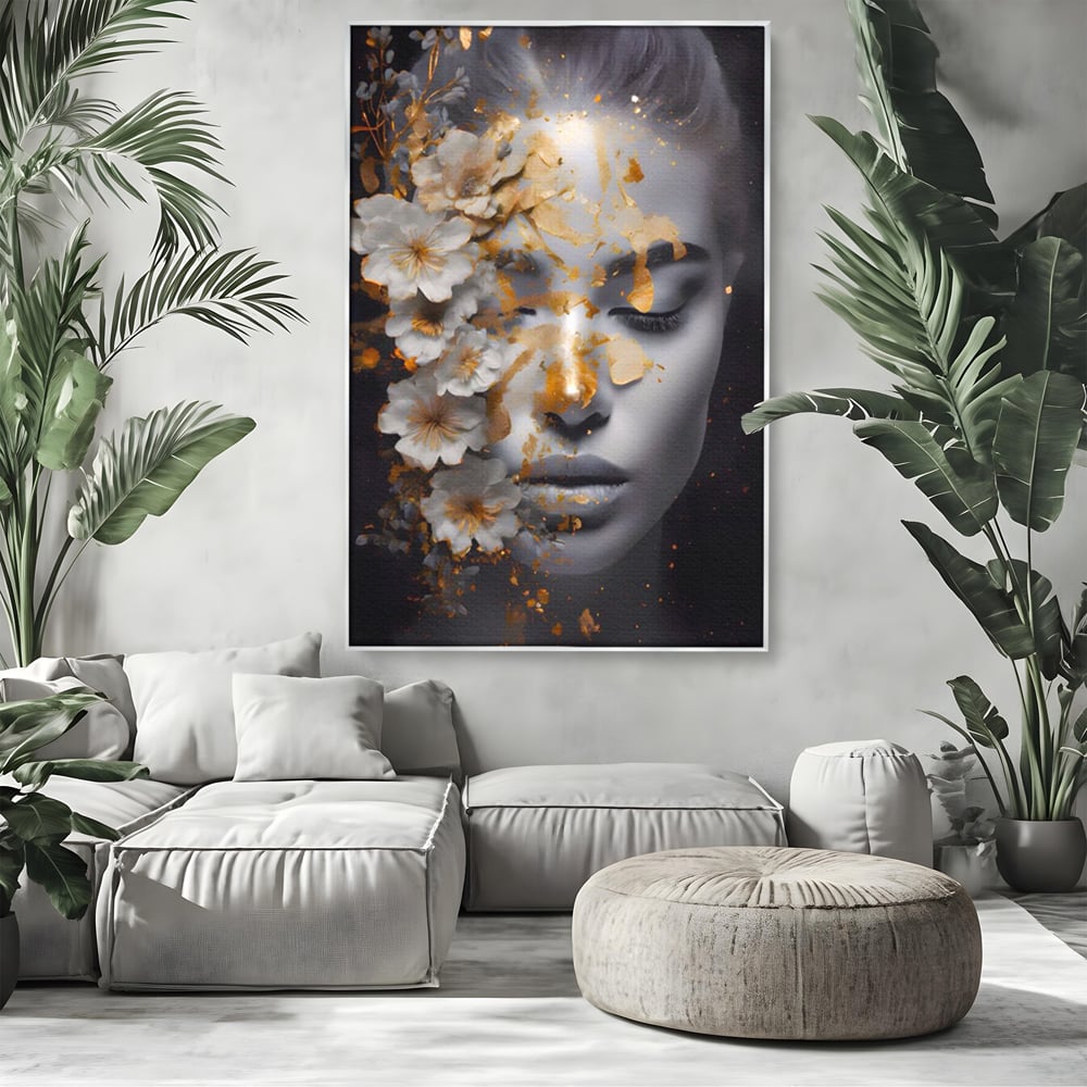Tablou Canvas Premium LuxCanva® A1428, Face With Flowers , Dormitor, Femeie, Flori, Auriu, Decorativ, Living, Culori Vibrante