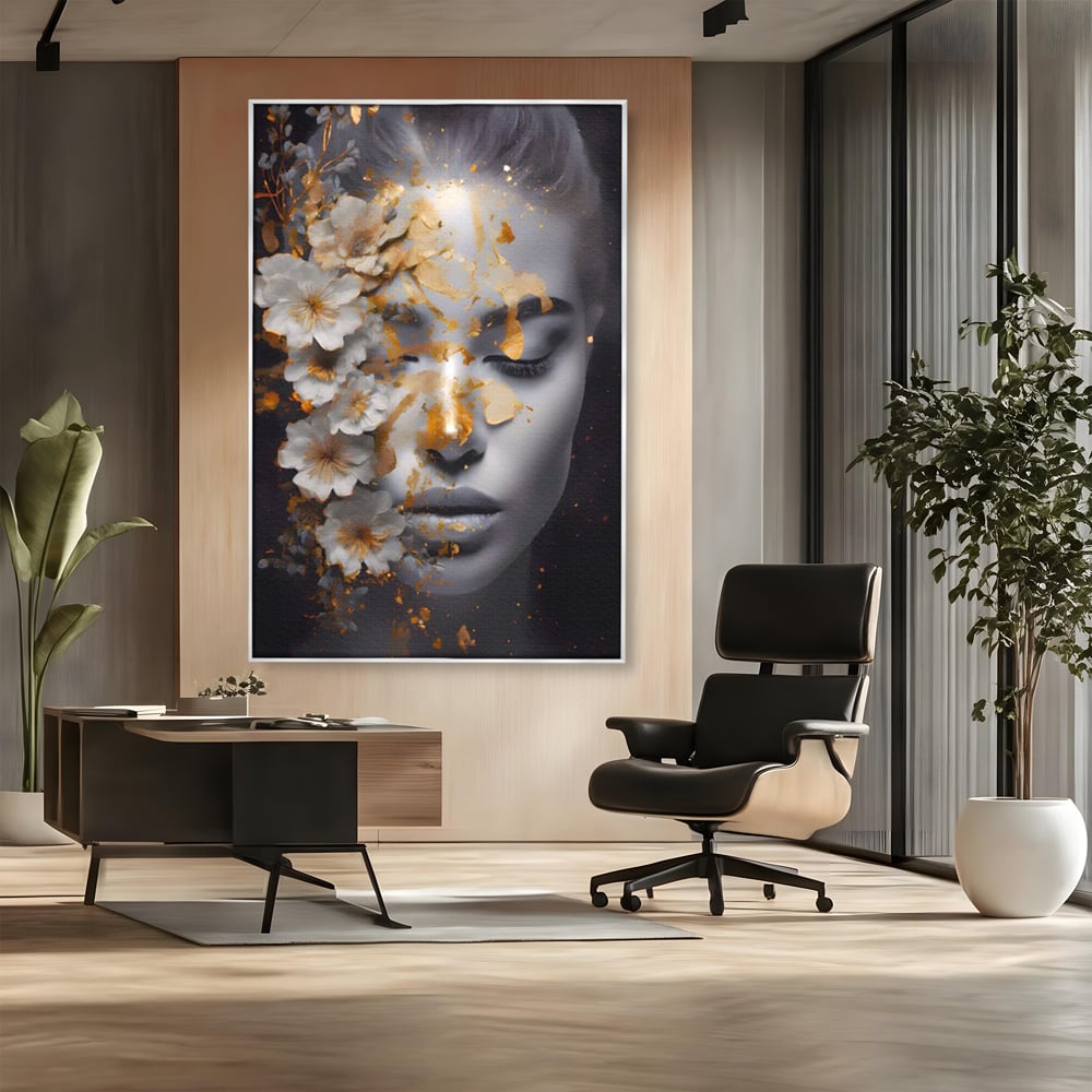 Tablou Canvas Premium LuxCanva® A1428, Face With Flowers , Dormitor, Femeie, Flori, Auriu, Decorativ, Living, Culori Vibrante