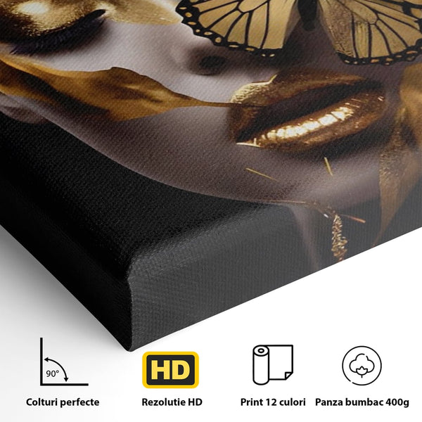 Tablou Canvas Premium LuxCanva® A1433, Fluture De Aur ,  Decorativ, Femeie, Auriu, Living, Culori Vibrante
