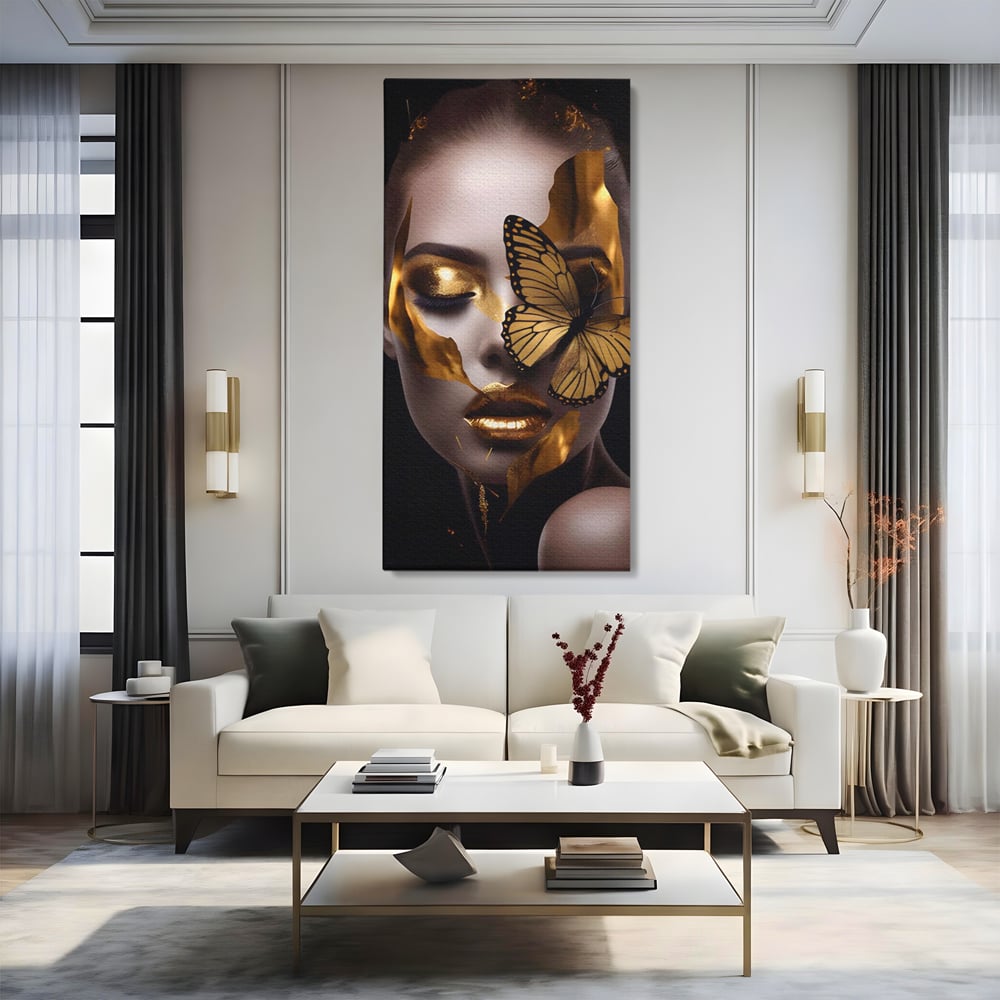 Tablou Canvas Premium LuxCanva® A1433, Fluture De Aur ,  Decorativ, Femeie, Auriu, Living, Culori Vibrante