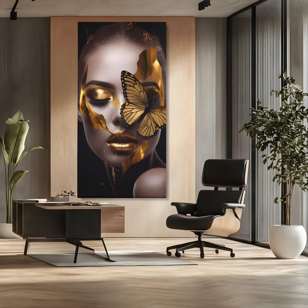 Tablou Canvas Premium LuxCanva® A1433, Fluture De Aur ,  Decorativ, Femeie, Auriu, Living, Culori Vibrante