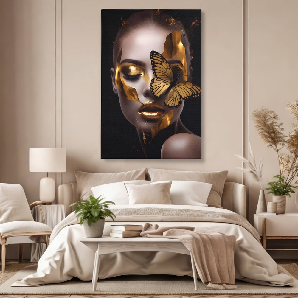 Tablou Canvas Premium LuxCanva® A1433, Fluture De Aur ,  Decorativ, Femeie, Auriu, Living, Culori Vibrante