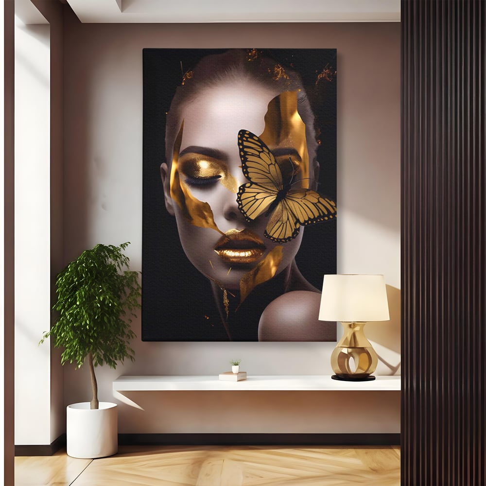 Tablou Canvas Premium LuxCanva® A1433, Fluture De Aur ,  Decorativ, Femeie, Auriu, Living, Culori Vibrante