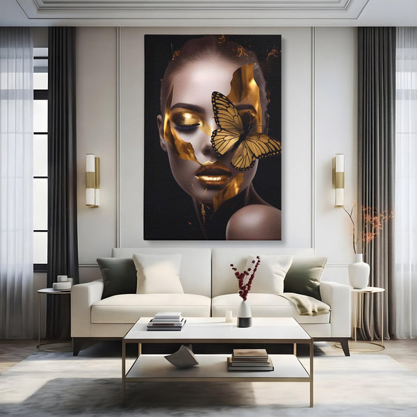 Tablou Canvas Premium LuxCanva® A1433, Fluture De Aur ,  Decorativ, Femeie, Auriu, Living, Culori Vibrante
