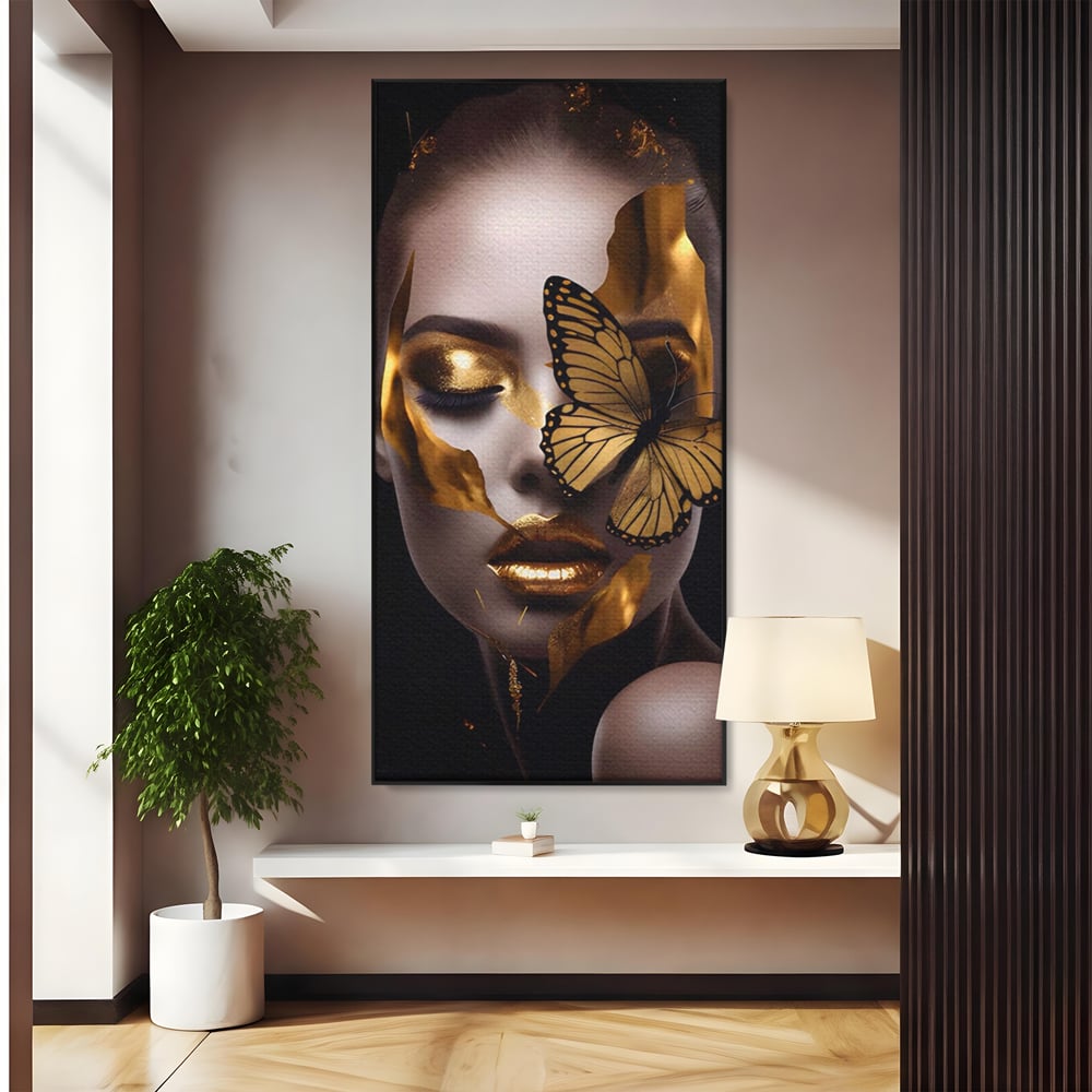 Tablou Canvas Premium LuxCanva® A1433, Fluture De Aur ,  Decorativ, Femeie, Auriu, Living, Culori Vibrante