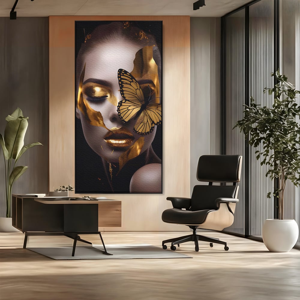 Tablou Canvas Premium LuxCanva® A1433, Fluture De Aur ,  Decorativ, Femeie, Auriu, Living, Culori Vibrante
