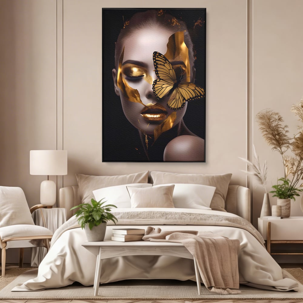 Tablou Canvas Premium LuxCanva® A1433, Fluture De Aur ,  Decorativ, Femeie, Auriu, Living, Culori Vibrante
