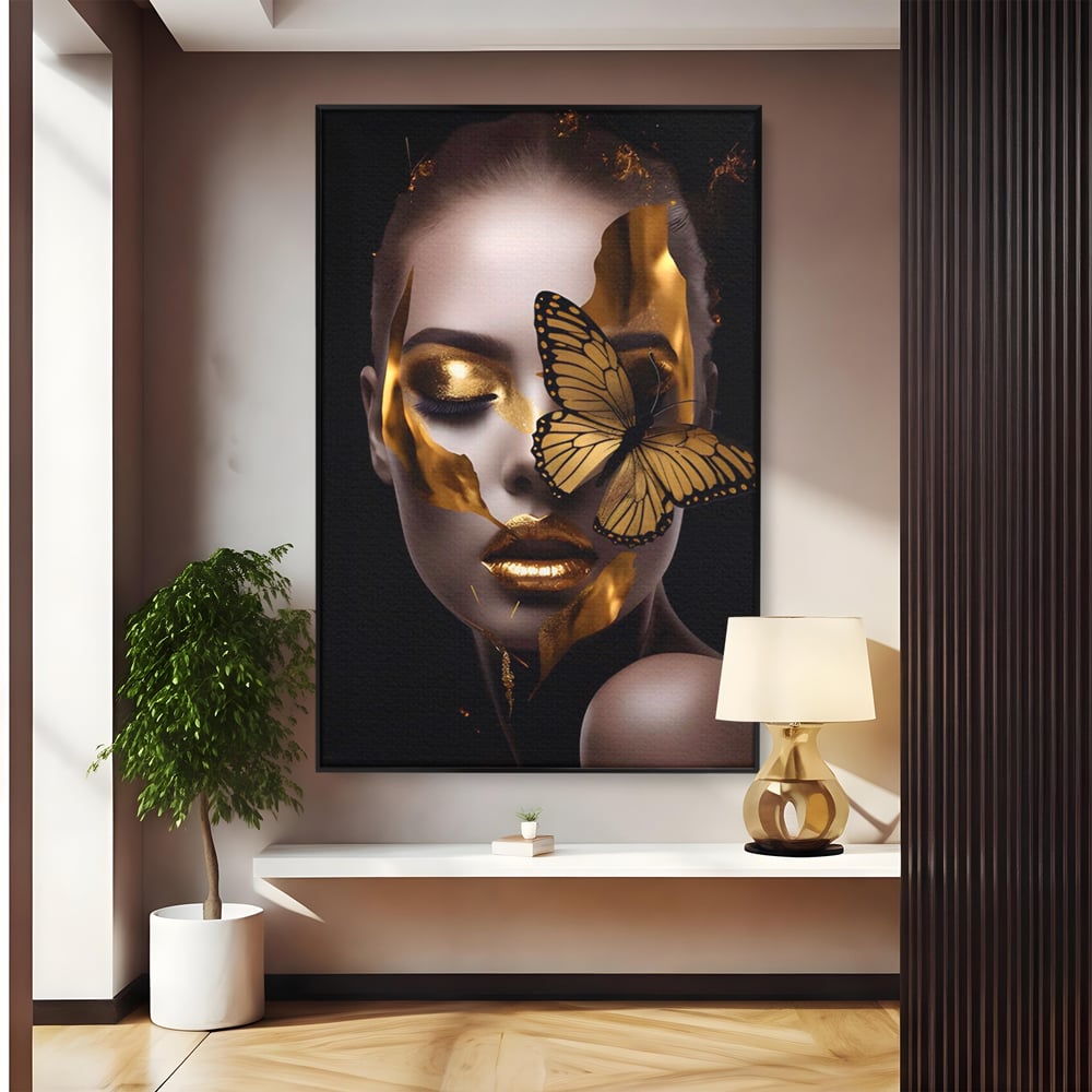 Tablou Canvas Premium LuxCanva® A1433, Fluture De Aur ,  Decorativ, Femeie, Auriu, Living, Culori Vibrante