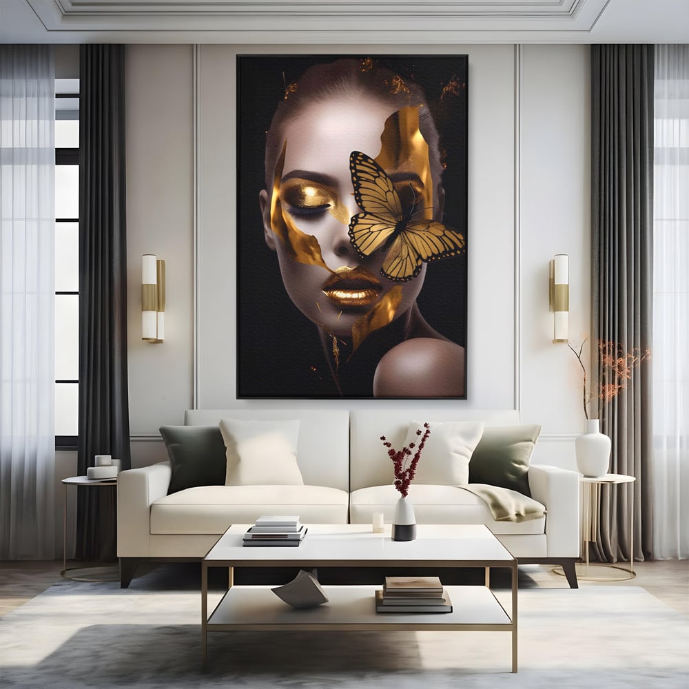 Tablou Canvas Premium LuxCanva® A1433, Fluture De Aur ,  Decorativ, Femeie, Auriu, Living, Culori Vibrante