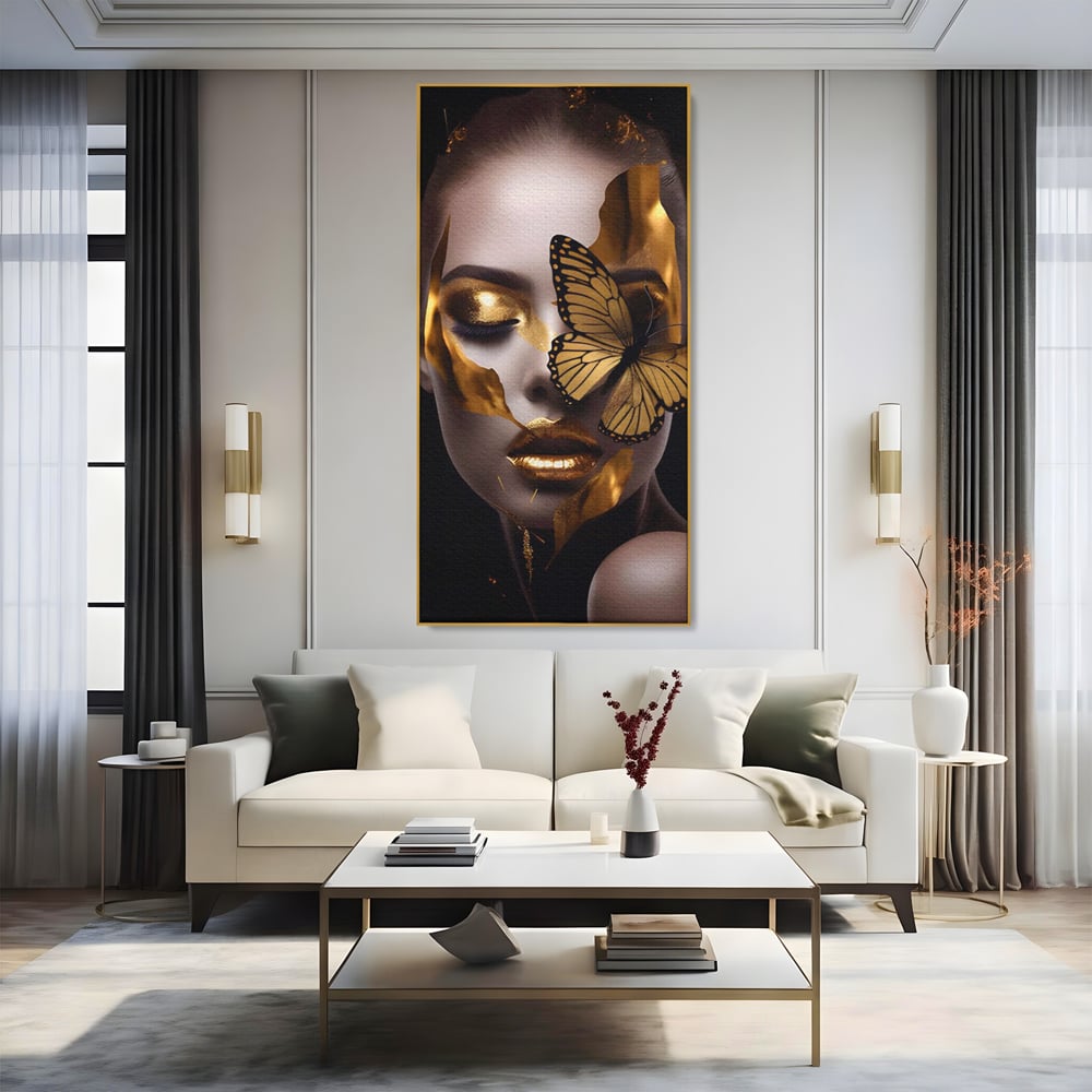 Tablou Canvas Premium LuxCanva® A1433, Fluture De Aur ,  Decorativ, Femeie, Auriu, Living, Culori Vibrante