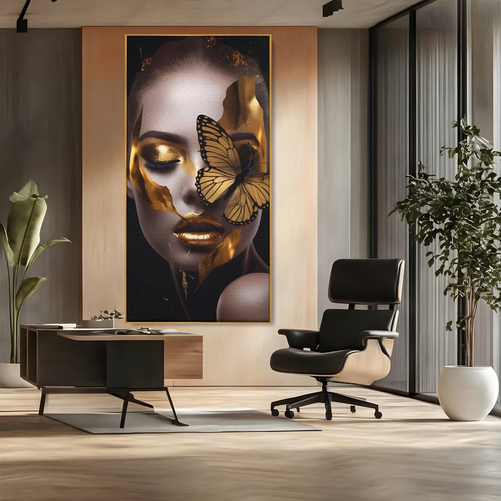 Tablou Canvas Premium LuxCanva® A1433, Fluture De Aur ,  Decorativ, Femeie, Auriu, Living, Culori Vibrante