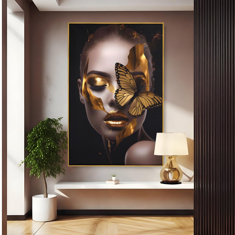 Tablou Canvas Premium LuxCanva® A1433, Fluture De Aur ,  Decorativ, Femeie, Auriu, Living, Culori Vibrante