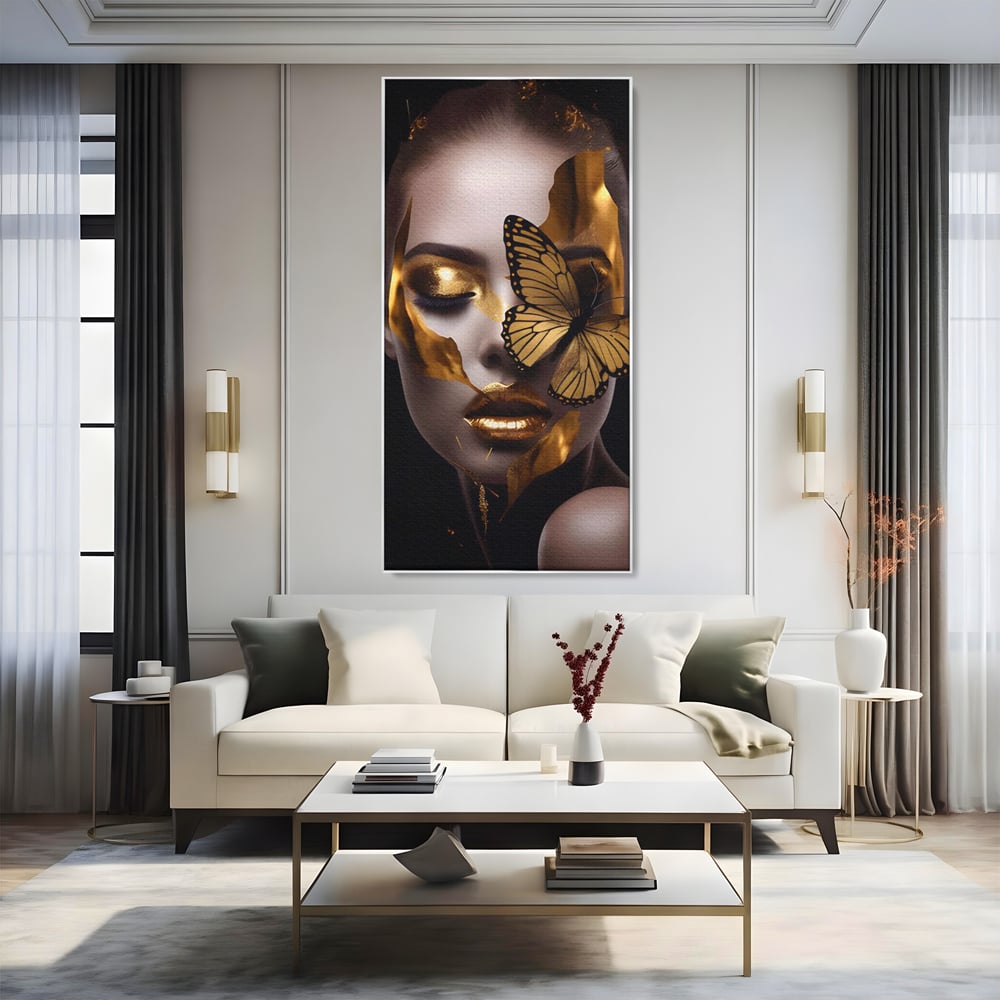 Tablou Canvas Premium LuxCanva® A1433, Fluture De Aur ,  Decorativ, Femeie, Auriu, Living, Culori Vibrante