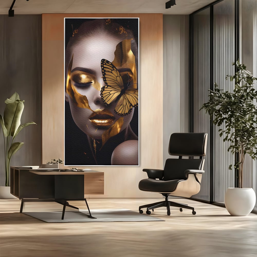 Tablou Canvas Premium LuxCanva® A1433, Fluture De Aur ,  Decorativ, Femeie, Auriu, Living, Culori Vibrante