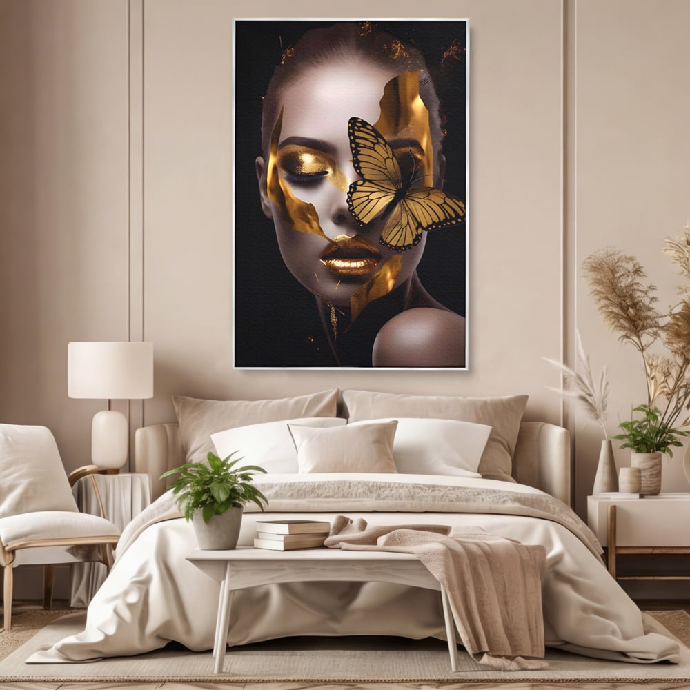 Tablou Canvas Premium LuxCanva® A1433, Fluture De Aur ,  Decorativ, Femeie, Auriu, Living, Culori Vibrante