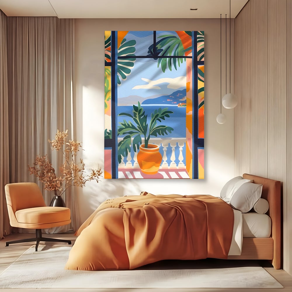 Tablou Canvas Premium LuxCanva® A1439, Summer View , Decorativ, Colorat, Vara, Priveliste, Geam, Living, Culori Vibrante