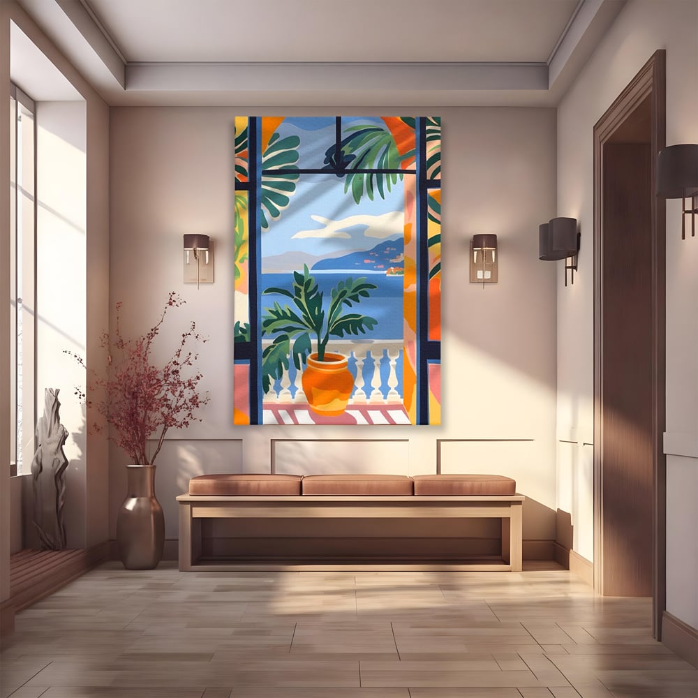 Tablou Canvas Premium LuxCanva® A1439, Summer View , Decorativ, Colorat, Vara, Priveliste, Geam, Living, Culori Vibrante
