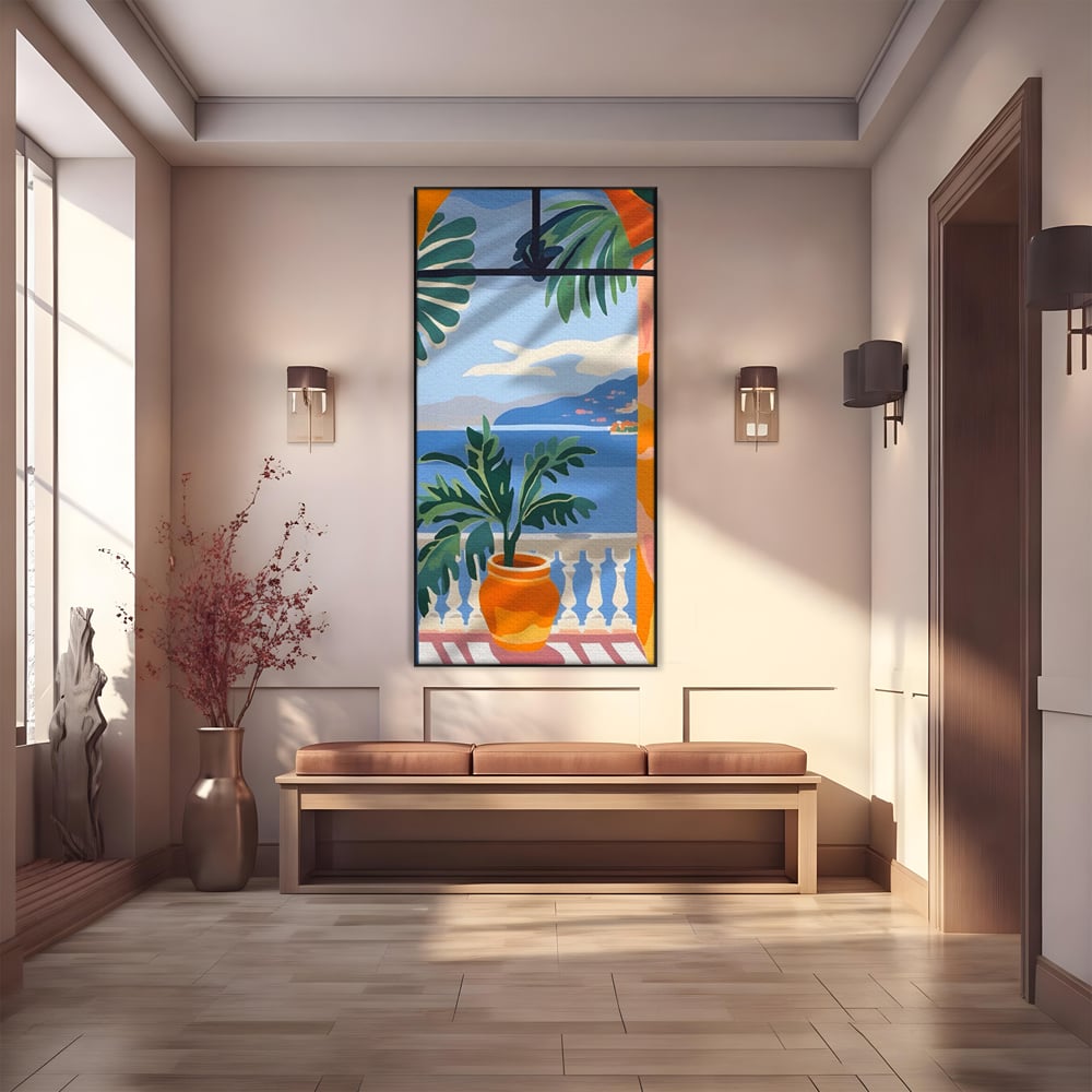 Tablou Canvas Premium LuxCanva® A1439, Summer View , Decorativ, Colorat, Vara, Priveliste, Geam, Living, Culori Vibrante