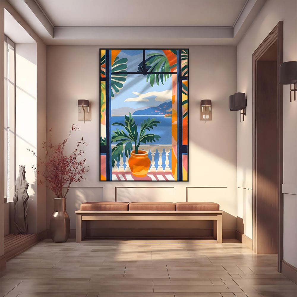 Tablou Canvas Premium LuxCanva® A1439, Summer View , Decorativ, Colorat, Vara, Priveliste, Geam, Living, Culori Vibrante