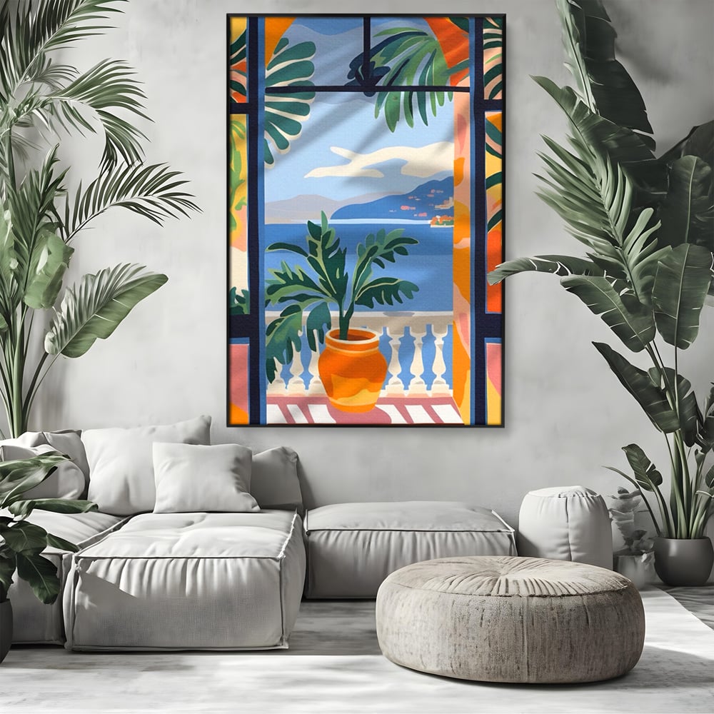 Tablou Canvas Premium LuxCanva® A1439, Summer View , Decorativ, Colorat, Vara, Priveliste, Geam, Living, Culori Vibrante