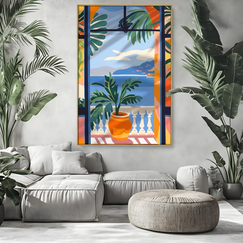 Tablou Canvas Premium LuxCanva® A1439, Summer View , Decorativ, Colorat, Vara, Priveliste, Geam, Living, Culori Vibrante