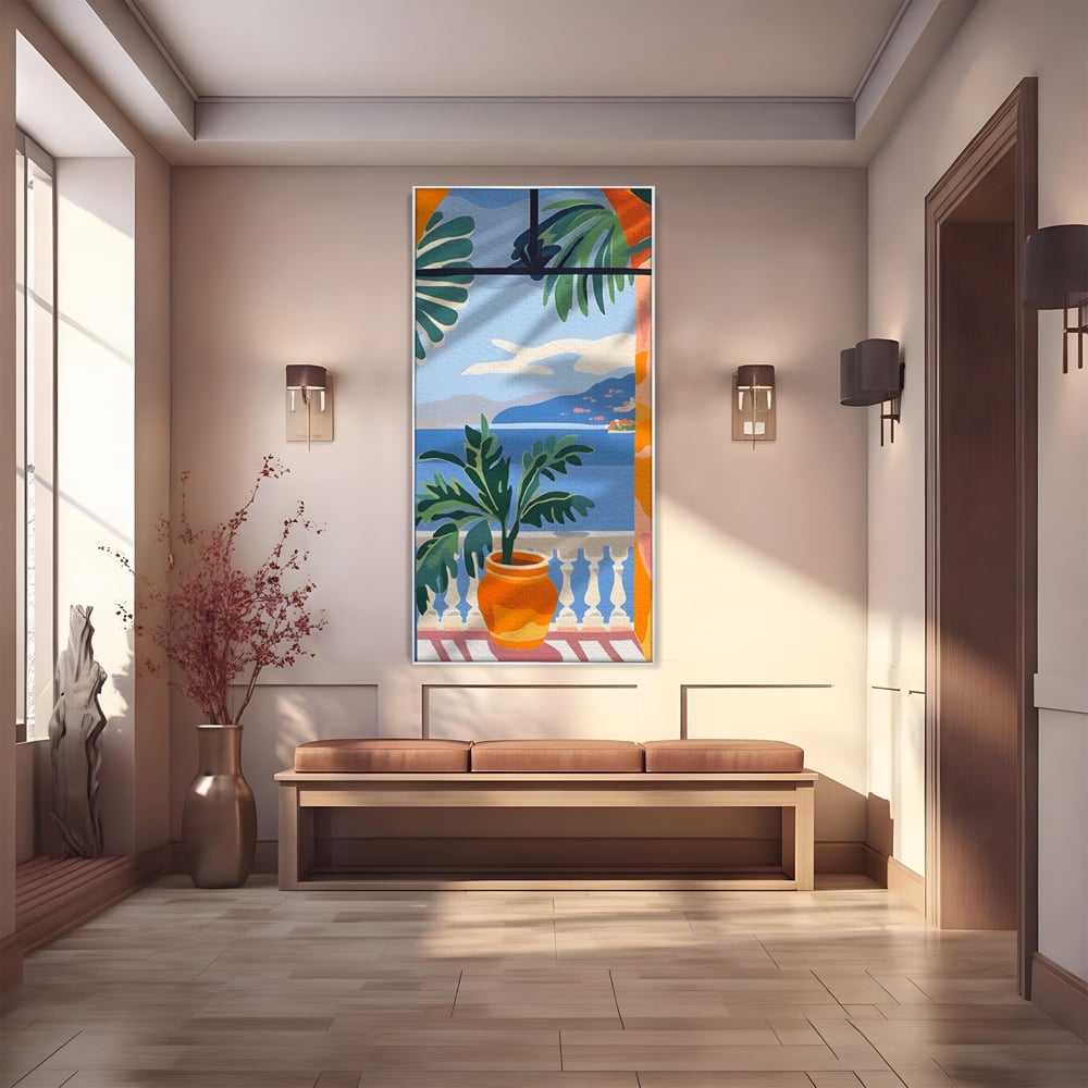 Tablou Canvas Premium LuxCanva® A1439, Summer View , Decorativ, Colorat, Vara, Priveliste, Geam, Living, Culori Vibrante