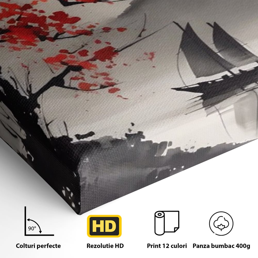 Leinwand Wandkunst Leinwand Wandkunst LuxCanva® A1444, Moonlight Walk , Wohnzimmer, Boot, Baum, Rote Blumen, Dekorativ, Schlafzimmer, Lebendige Farben