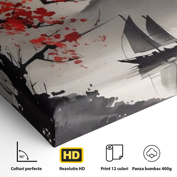Leinwand Wandkunst Leinwand Wandkunst LuxCanva® A1444, Moonlight Walk , Wohnzimmer, Boot, Baum, Rote Blumen, Dekorativ, Schlafzimmer, Lebendige Farben