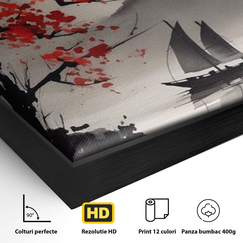 Leinwand Wandkunst Leinwand Wandkunst LuxCanva® A1444, Moonlight Walk , Wohnzimmer, Boot, Baum, Rote Blumen, Dekorativ, Schlafzimmer, Lebendige Farben