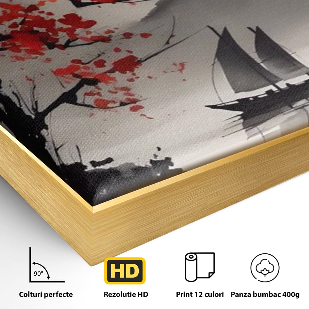 Leinwand Wandkunst Leinwand Wandkunst LuxCanva® A1444, Moonlight Walk , Wohnzimmer, Boot, Baum, Rote Blumen, Dekorativ, Schlafzimmer, Lebendige Farben