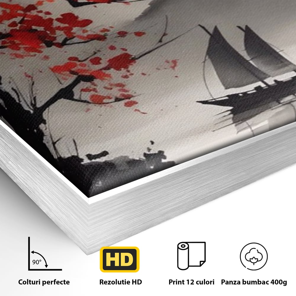 Leinwand Wandkunst Leinwand Wandkunst LuxCanva® A1444, Moonlight Walk , Wohnzimmer, Boot, Baum, Rote Blumen, Dekorativ, Schlafzimmer, Lebendige Farben